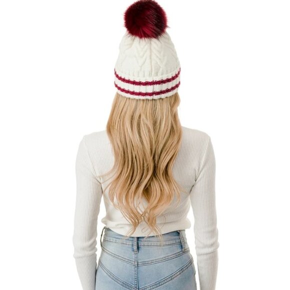 Marcus Adler Cozy & Stylish Knit Pom Varsity Beanie White w/ Burgundy Pom NWT - Picture 2 of 4